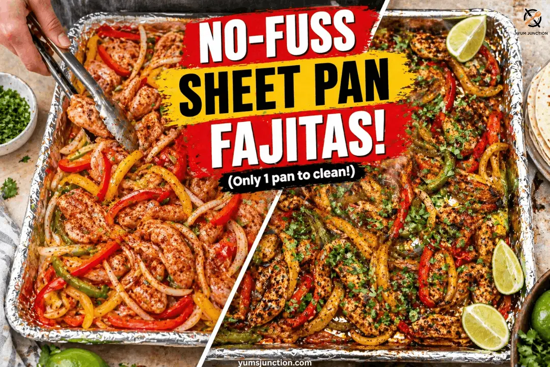 A horizontal split-screen graphic from Yum Junction titled "NO-FUSS SHEET PAN FAJITAS!" showing a comparison of raw seasoned chicken and vegetables versus the charred, roasted final dish on a sheet pan.