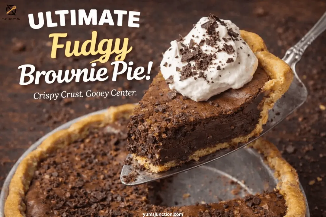 A slice of ultimate fudgy brownie pie with crispy crust and gooey center being lifted on a pie server, topped with whipped cream and chocolate shavings