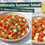 A horizontal split-panel graphic from Yum Junction titled "The Ultimate Summer Salad! Watermelon + Feta Magic." The left side shows a speckled ceramic plate of cubed watermelon, feta cheese, sliced chili, and fresh herbs. The right side shows a close-up of a hand squeezing a fresh lime over the salad.