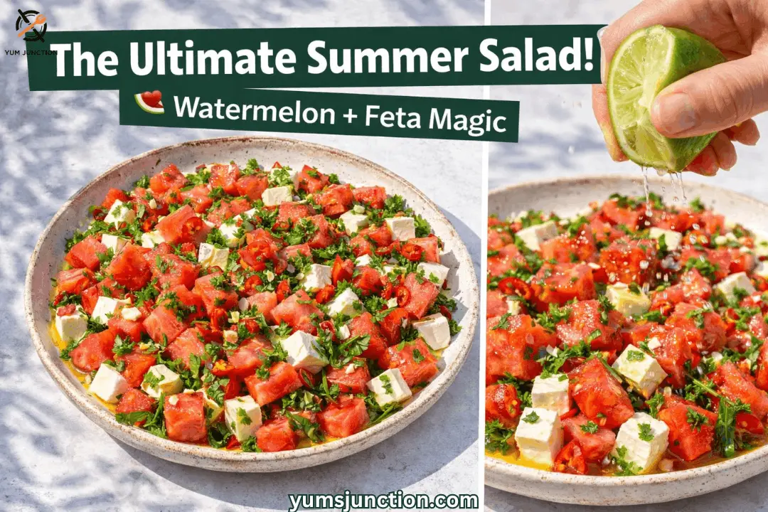 A horizontal split-panel graphic from Yum Junction titled "The Ultimate Summer Salad! Watermelon + Feta Magic." The left side shows a speckled ceramic plate of cubed watermelon, feta cheese, sliced chili, and fresh herbs. The right side shows a close-up of a hand squeezing a fresh lime over the salad.