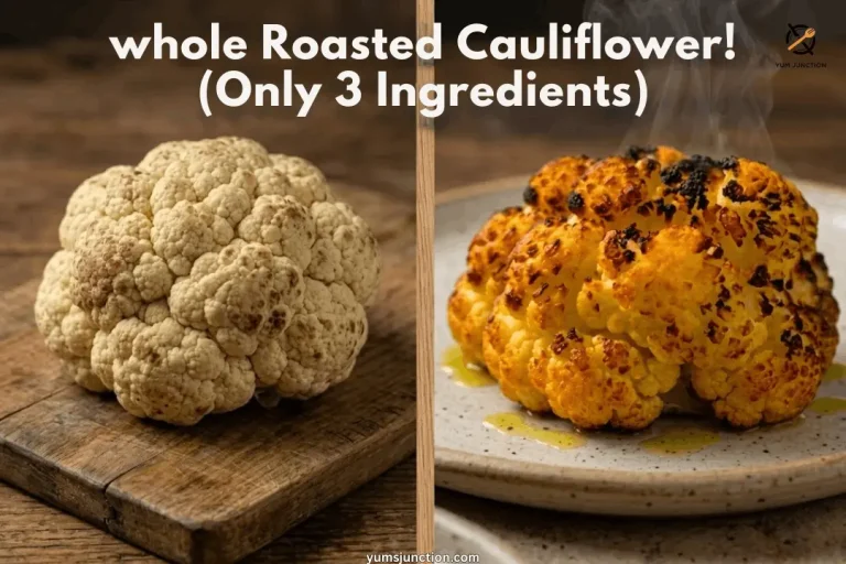 A horizontal Yum Junction recipe graphic titled "whole Roasted Cauliflower! (Only 3 Ingredients)." The left side shows a raw head of cauliflower on a wooden board; the right side shows the finished cauliflower roasted to a deep golden-yellow with char marks and rising steam.