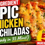 Recipe banner for Yums Junction featuring text: 5-Ingredient Epic Chicken Enchiladas, Ready in 35 Mins, Only 5 Ingredients, over a photo of cheesy baked enchiladas