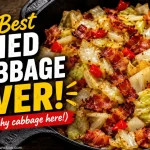 Graphic titled 'The Best Fried Cabbage Ever' showing a cast iron skillet filled with sautéed cabbage, crispy bacon pieces, and red bell peppers.