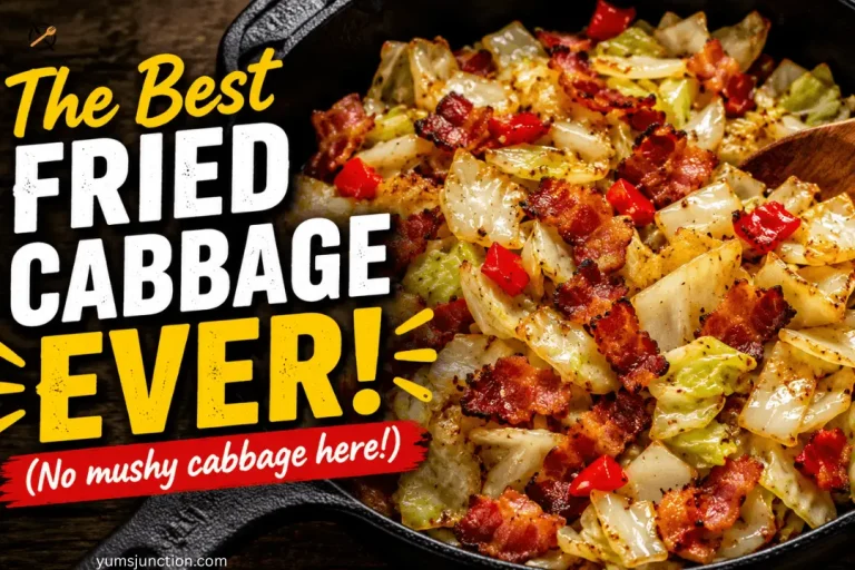 Graphic titled 'The Best Fried Cabbage Ever' showing a cast iron skillet filled with sautéed cabbage, crispy bacon pieces, and red bell peppers.