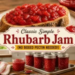 Yum Junction recipe graphic for "Classic Simple Rhubarb Jam (No Boxed Pectin Needed!)". The top half shows chunky red rhubarb jam spread on a slice of toasted bread; the bottom half shows seven small glass jars of the finished jam arranged on a silver tray.