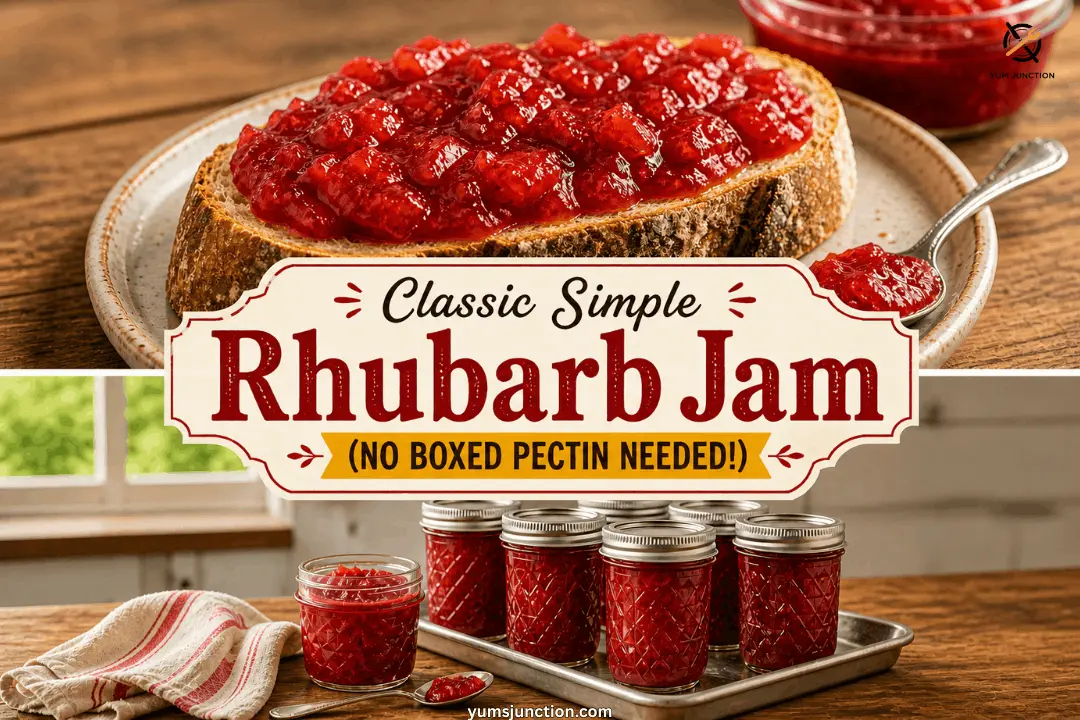 Yum Junction recipe graphic for "Classic Simple Rhubarb Jam (No Boxed Pectin Needed!)". The top half shows chunky red rhubarb jam spread on a slice of toasted bread; the bottom half shows seven small glass jars of the finished jam arranged on a silver tray.