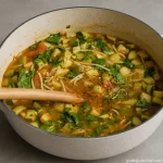 Fresh zucchini, spinach, and tomatoes simmering with pasta in a white enameled Dutch oven pot with a wooden spoon.