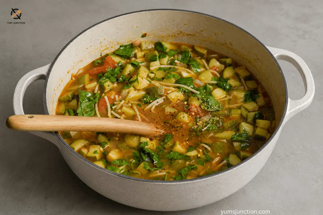 Fresh zucchini, spinach, and tomatoes simmering with pasta in a white enameled Dutch oven pot with a wooden spoon.