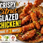 Recipe thumbnail graphic titled "Crispy Citrus Glazed Chicken! (Make it 3 Ways)" from yumsjunction.com, showing glazed chicken pieces being tossed in a skillet with a sauce splash. Bottom icons highlight three flavor options: Orange Marmalade, Lime Honey, and Spicy Chili.