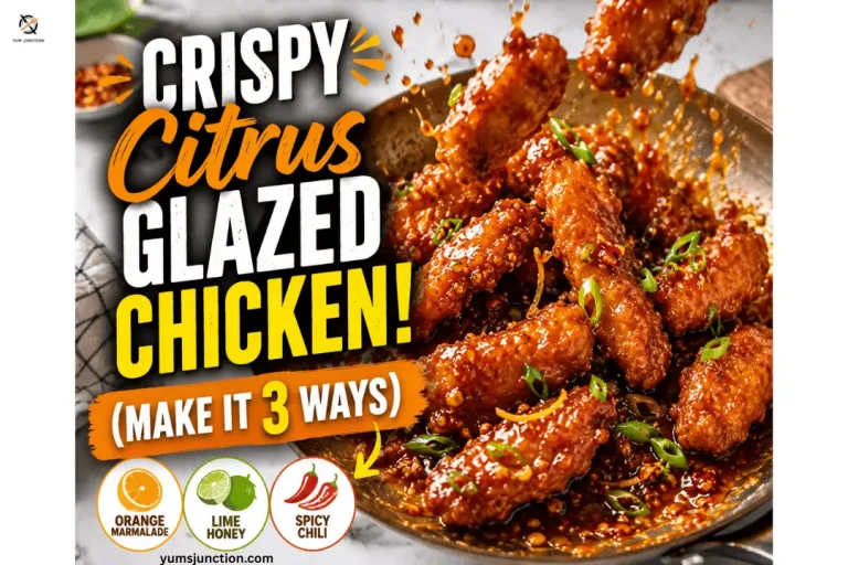 Recipe thumbnail graphic titled "Crispy Citrus Glazed Chicken! (Make it 3 Ways)" from yumsjunction.com, showing glazed chicken pieces being tossed in a skillet with a sauce splash. Bottom icons highlight three flavor options: Orange Marmalade, Lime Honey, and Spicy Chili.