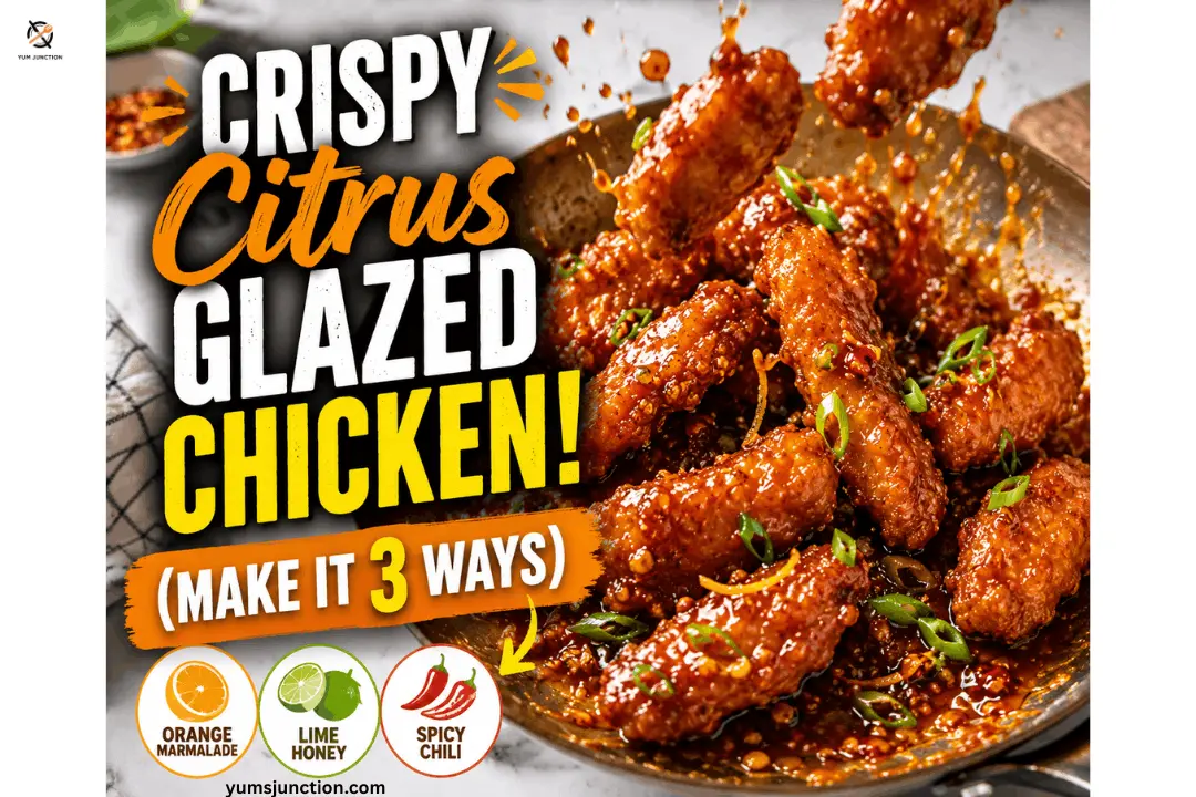 Recipe thumbnail graphic titled "Crispy Citrus Glazed Chicken! (Make it 3 Ways)" from yumsjunction.com, showing glazed chicken pieces being tossed in a skillet with a sauce splash. Bottom icons highlight three flavor options: Orange Marmalade, Lime Honey, and Spicy Chili.