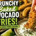 Recipe title graphic for "Crunchy Baked Avocado Fries! (With Ranch Panko Coating)" from yumsjunction.com, showing a hand dipping a crispy, golden-brown crusted avocado wedge into a bowl of creamy herb ranch dipping sauce.
