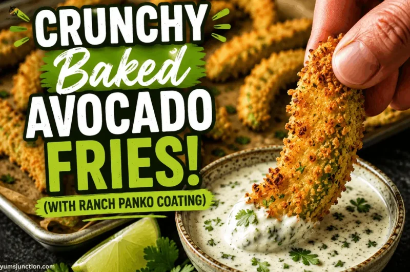 Recipe title graphic for "Crunchy Baked Avocado Fries! (With Ranch Panko Coating)" from yumsjunction.com, showing a hand dipping a crispy, golden-brown crusted avocado wedge into a bowl of creamy herb ranch dipping sauce.