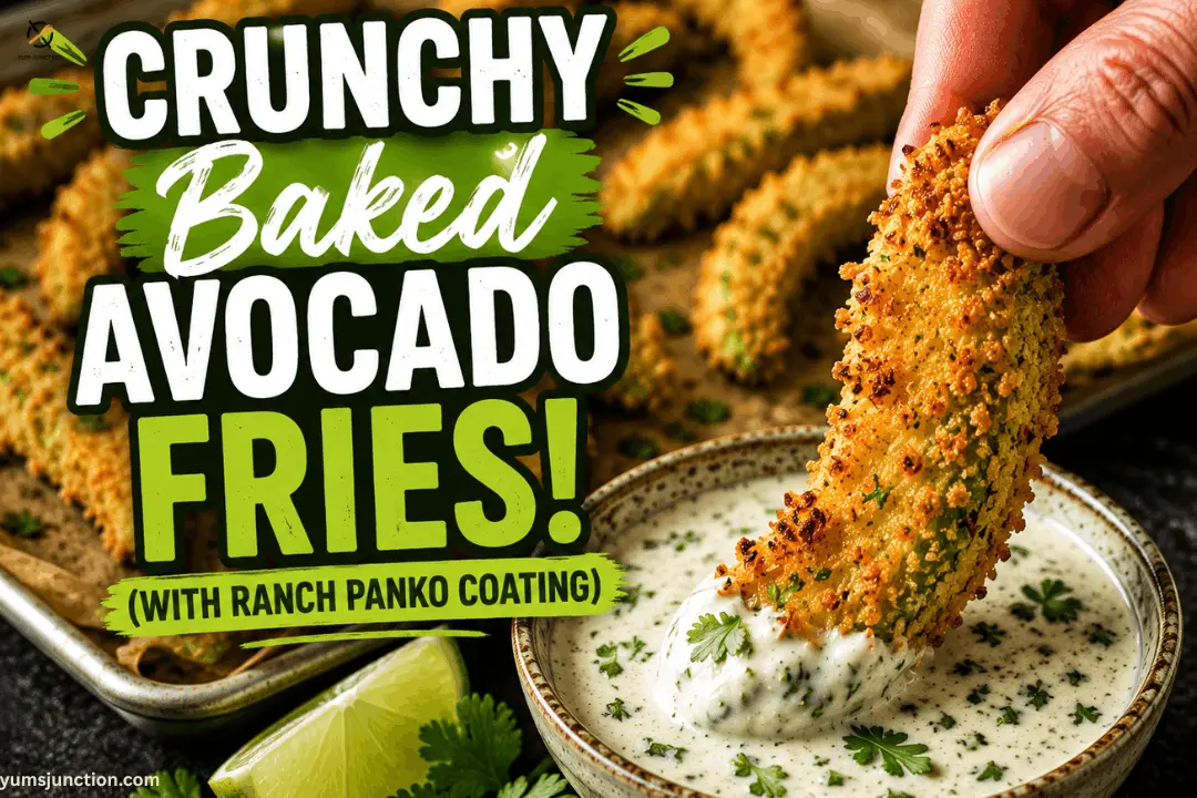 Recipe title graphic for "Crunchy Baked Avocado Fries! (With Ranch Panko Coating)" from yumsjunction.com, showing a hand dipping a crispy, golden-brown crusted avocado wedge into a bowl of creamy herb ranch dipping sauce.