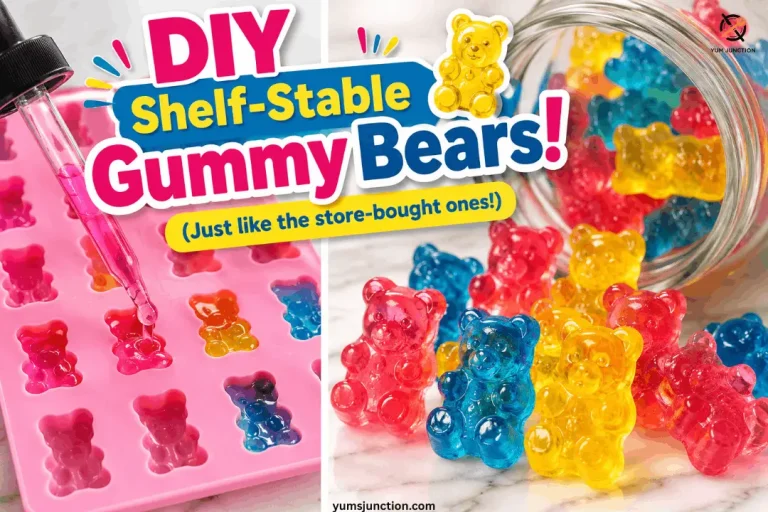 Branded Yum Junction graphic titled "DIY Shelf-Stable Gummy Bears! (Just like the store-bought ones!)." The split image shows a glass dropper filling a pink silicone mold with pink liquid on the left and finished red, yellow, and blue gummy bears on a white marble surface on the right.