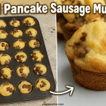 Recipe graphic titled "Mini Pancake Sausage Muffins" by yumsjunction.com, featuring a split screen of baked breakfast bites in a mini muffin tin and a close-up of a single golden muffin with a white arrow pointing to it.