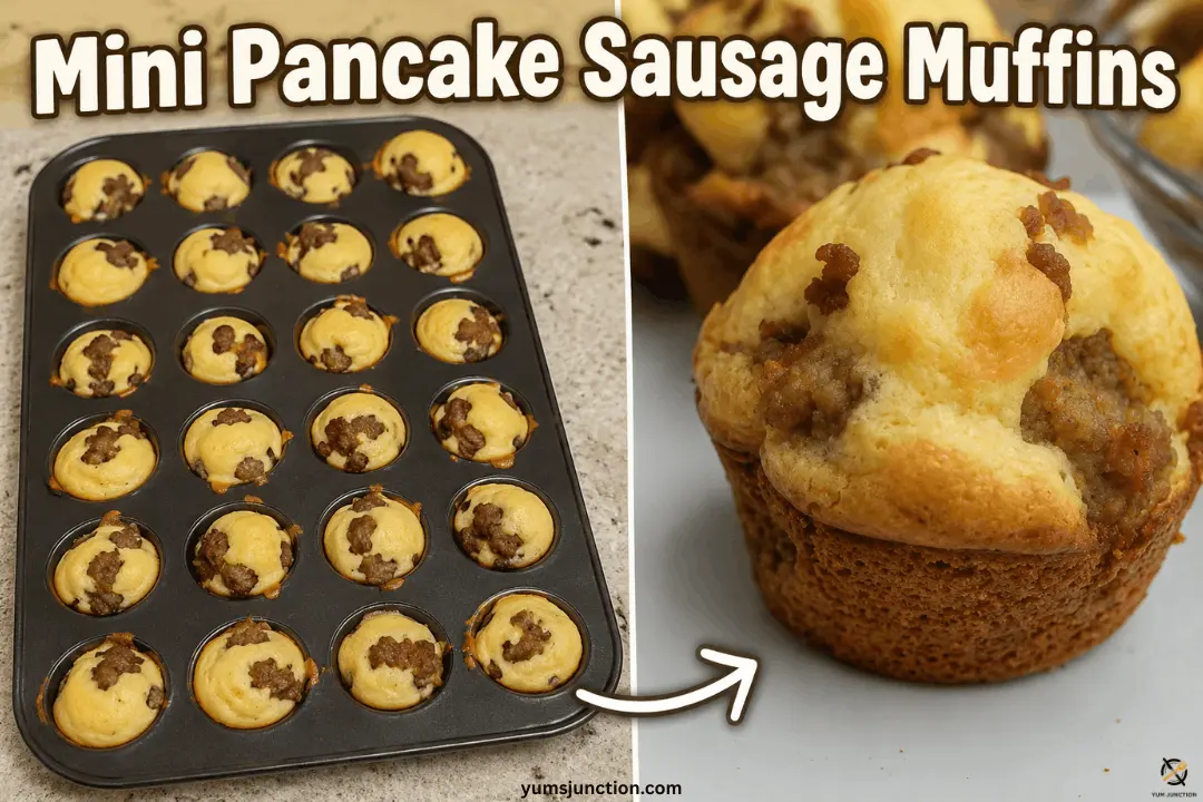 Recipe graphic titled "Mini Pancake Sausage Muffins" by yumsjunction.com, featuring a split screen of baked breakfast bites in a mini muffin tin and a close-up of a single golden muffin with a white arrow pointing to it.