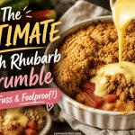 Yum Junction branded graphic for"The Ultimate Fresh Rhubarb Crumble." The main image shows a white fluted ceramic dish of baked rhubarb crumble with thick, golden-yellow custard being poured over the oat topping from a glass container.