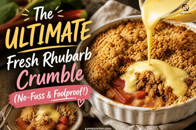 Yum Junction branded graphic for"The Ultimate Fresh Rhubarb Crumble." The main image shows a white fluted ceramic dish of baked rhubarb crumble with thick, golden-yellow custard being poured over the oat topping from a glass container.