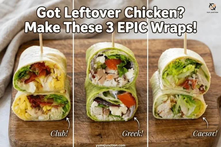 Yum Junction recipe graphic showing three stacked chicken wraps labeled Club, Greek, and Caesar. The image highlights recipes to use up leftover chicken, presented on wooden boards.