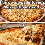 Yum Junction recipe graphic for "Don't throw away leftover pasta! Make THIS instead." The image shows a split view: the top panel is a whole spaghetti pie in a baking dish, and the bottom panel shows a slice being lifted by a metal server, revealing a vegetable-filled center and long, stretchy strands of melted cheese.