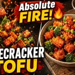 Recipe thumbnail graphic for "Firecracker Tofu" with the text overlay "Absolute FIRE!" and a flame icon. The split-screen image shows glazed crispy tofu and broccoli being tossed in a wok on the left, and a close-up bowl of the final spicy chili tofu dish on the right.