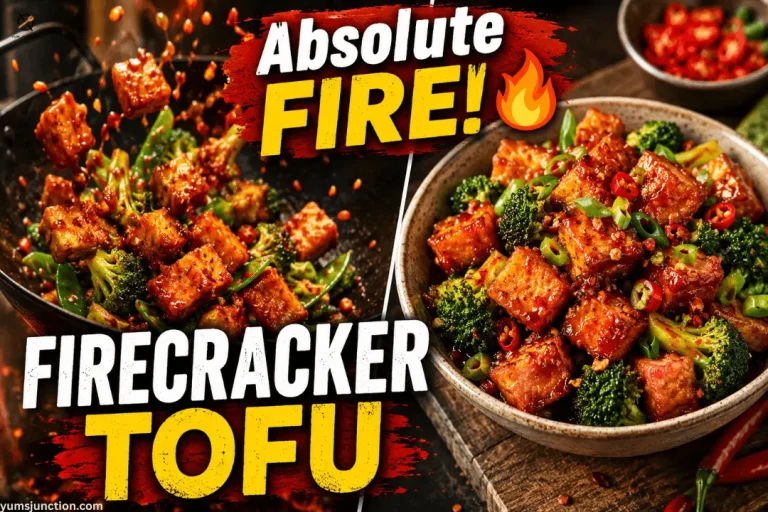 Recipe thumbnail graphic for "Firecracker Tofu" with the text overlay "Absolute FIRE!" and a flame icon. The split-screen image shows glazed crispy tofu and broccoli being tossed in a wok on the left, and a close-up bowl of the final spicy chili tofu dish on the right.