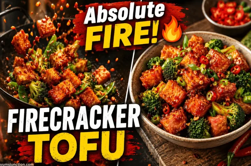 Recipe thumbnail graphic for "Firecracker Tofu" with the text overlay "Absolute FIRE!" and a flame icon. The split-screen image shows glazed crispy tofu and broccoli being tossed in a wok on the left, and a close-up bowl of the final spicy chili tofu dish on the right.