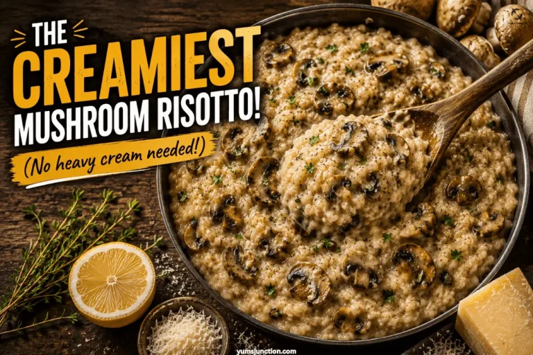 Overhead shot of creamy mushroom risotto in a pan with a wooden spoon, surrounded by lemon, parmesan, and fresh thyme