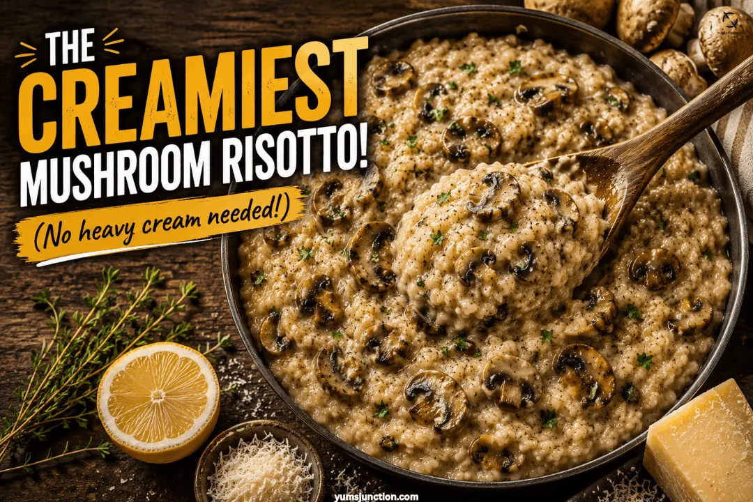Overhead shot of creamy mushroom risotto in a pan with a wooden spoon, surrounded by lemon, parmesan, and fresh thyme