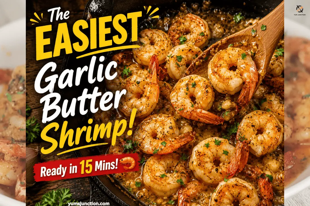 Garlic butter shrimp sizzling in a cast iron skillet with herbs, titled "The Easiest Garlic Butter Shrimp — Ready in 15 Mins" from YumsJunction