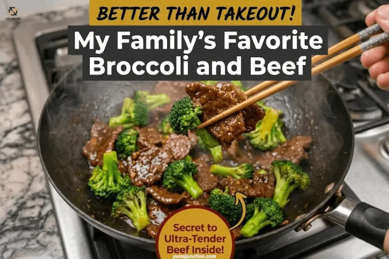 Chopsticks lifting glazed beef and broccoli from a wok during stir fry cooking
