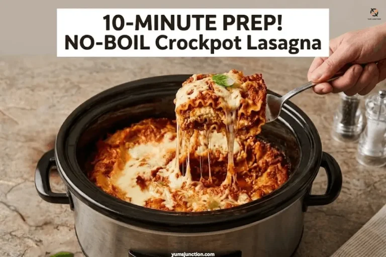 Spatula lifting a cheesy slice of crockpot lasagna from a slow cooker showing a dramatic mozzarella cheese pull