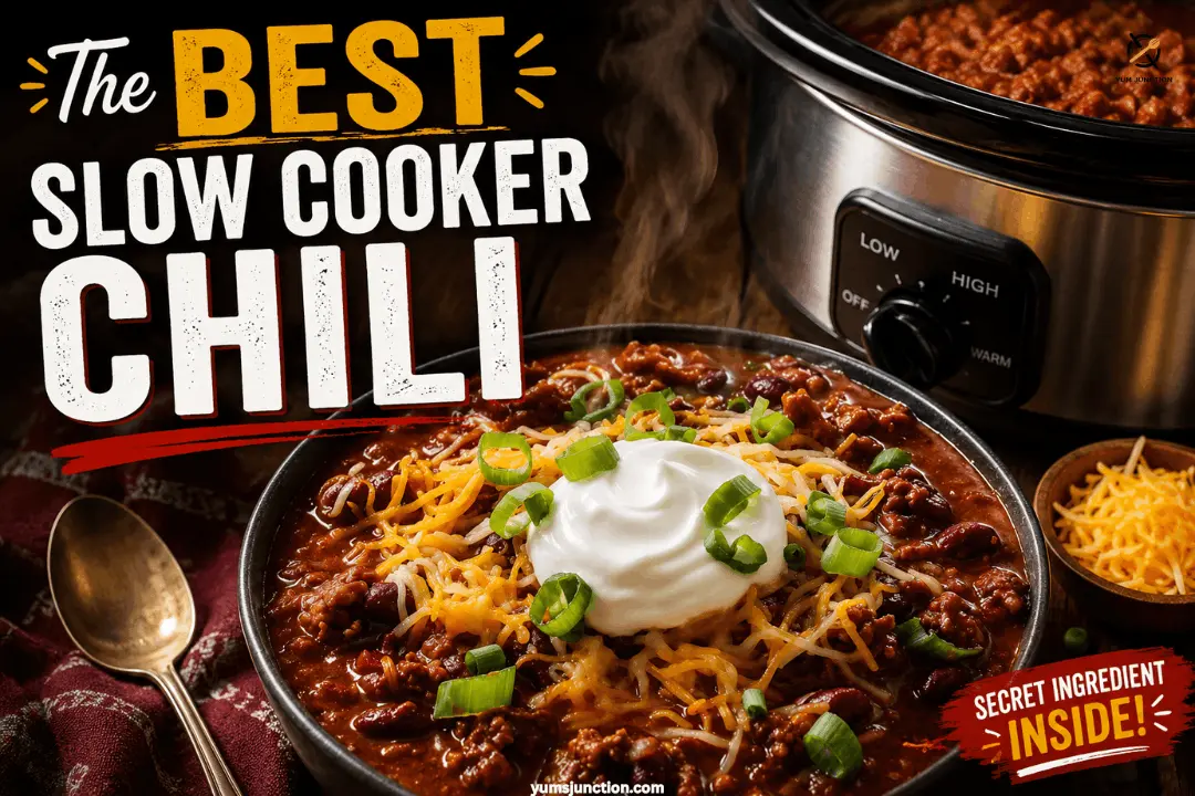 Garnished bowl of slow cooker chili in front of a steaming crockpot showing the finished recipe ready to serve