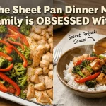 A horizontal promotional split-screen graphic. The left side shows a foil-lined sheet pan filled with roasted chicken pieces, broccoli, and red bell peppers. The right side shows a hand pouring thick brown teriyaki sauce over a bowl of the same meal served over white rice by Yum Junction