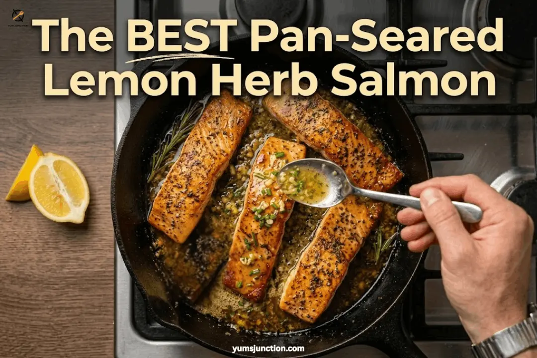 Hand basting lemon herb salmon fillets in a cast iron skillet with garlic herb butter sauce