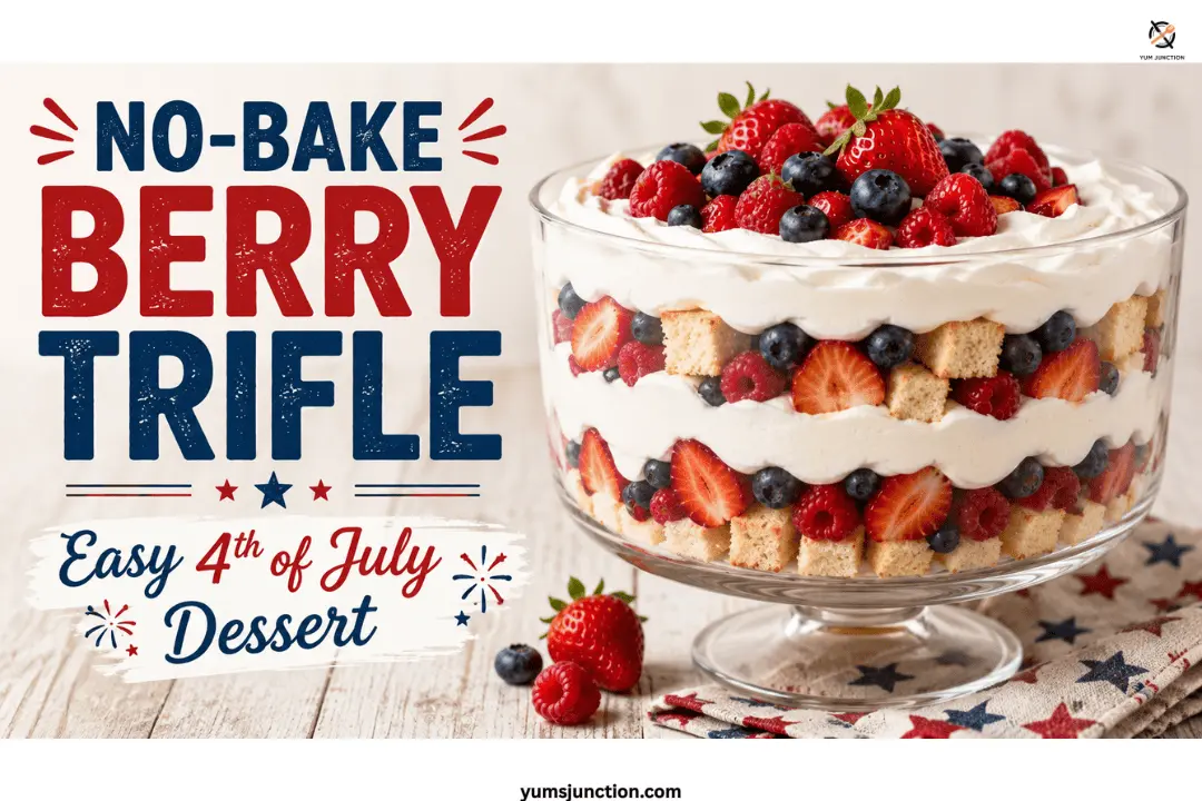No-bake berry trifle in a clear glass trifle dish with layers of strawberries, blueberries, whipped cream, and angel food cake, styled as an easy 4th of July dessert