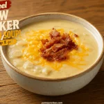 Recipe graphic for "No-Peel Slow Cooker Potato Soup (Just dump & go!)" from yumsjunction.com, featuring a warm ceramic bowl of thick potato soup topped with melted cheddar cheese and a pile of crispy chopped bacon on a wooden table.