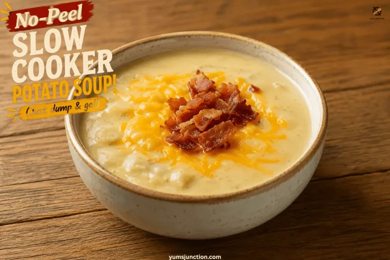 Recipe graphic for "No-Peel Slow Cooker Potato Soup (Just dump & go!)" from yumsjunction.com, featuring a warm ceramic bowl of thick potato soup topped with melted cheddar cheese and a pile of crispy chopped bacon on a wooden table.