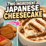 Two ingredient Japanese cheesecake made with Fage Greek yogurt and Lotus Biscoff biscuits, shown before and after overnight chilling in a white ramekin