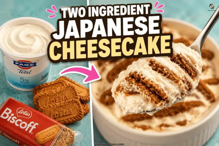Two ingredient Japanese cheesecake made with Fage Greek yogurt and Lotus Biscoff biscuits, shown before and after overnight chilling in a white ramekin