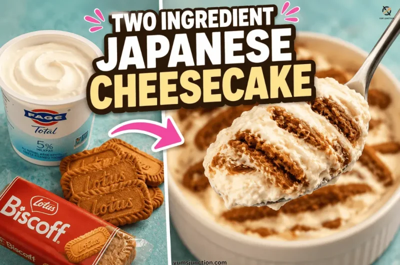 Two ingredient Japanese cheesecake made with Fage Greek yogurt and Lotus Biscoff biscuits, shown before and after overnight chilling in a white ramekin