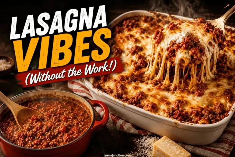 Spatula lifting a cheesy portion of baked ziti from a white casserole dish with a dramatic mozzarella pull, meat sauce pot and Parmesan in the background