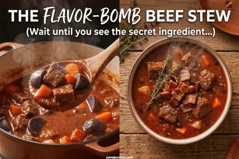 Split image showing a wooden spoon lifting beef stew with purple potatoes from a Dutch oven next to a plated bowl garnished with crispy bacon and thyme