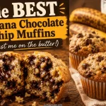Best banana chocolate chip muffins collage showing a muffin broken in half with gooey melted chocolate interior alongside whole golden muffins topped with chocolate chips with overripe spotted bananas and a glass of milk in the background