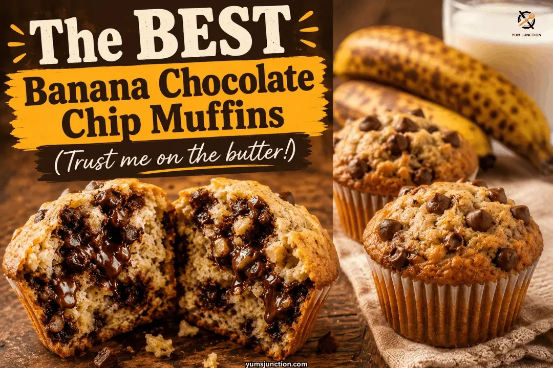 Best banana chocolate chip muffins collage showing a muffin broken in half with gooey melted chocolate interior alongside whole golden muffins topped with chocolate chips with overripe spotted bananas and a glass of milk in the background