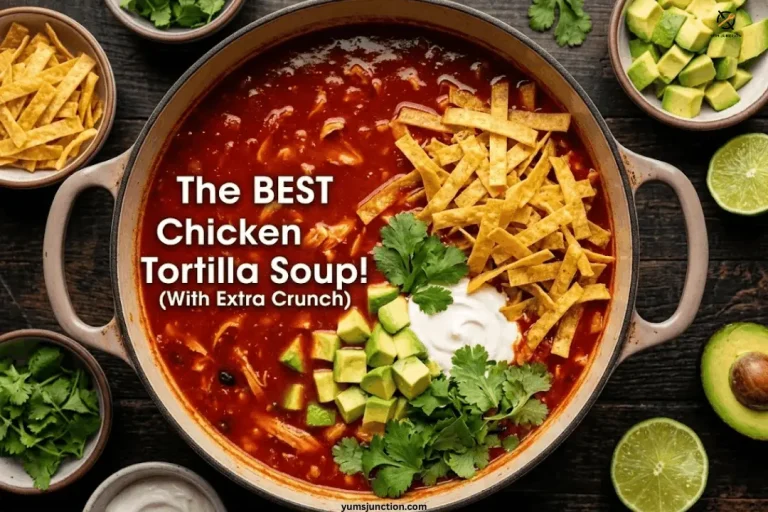 Overhead shot of chicken tortilla soup in a Dutch oven garnished with crispy tortilla strips, diced avocado, sour cream, and cilantro