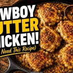 Overhead view of cowboy butter chicken thighs in a cast iron skillet with golden garlic lemon butter sauce speckled with red pepper flakes and fresh herbs with a wooden spoon