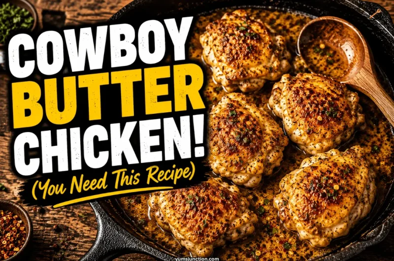 Overhead view of cowboy butter chicken thighs in a cast iron skillet with golden garlic lemon butter sauce speckled with red pepper flakes and fresh herbs with a wooden spoon