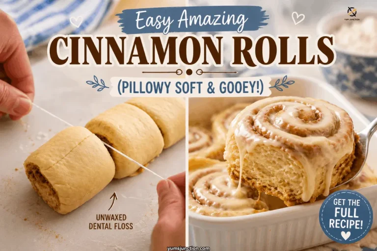Step-by-step collage of easy amazing cinnamon rolls, dough being sliced with dental floss and a gooey frosted roll being lifted from the pan